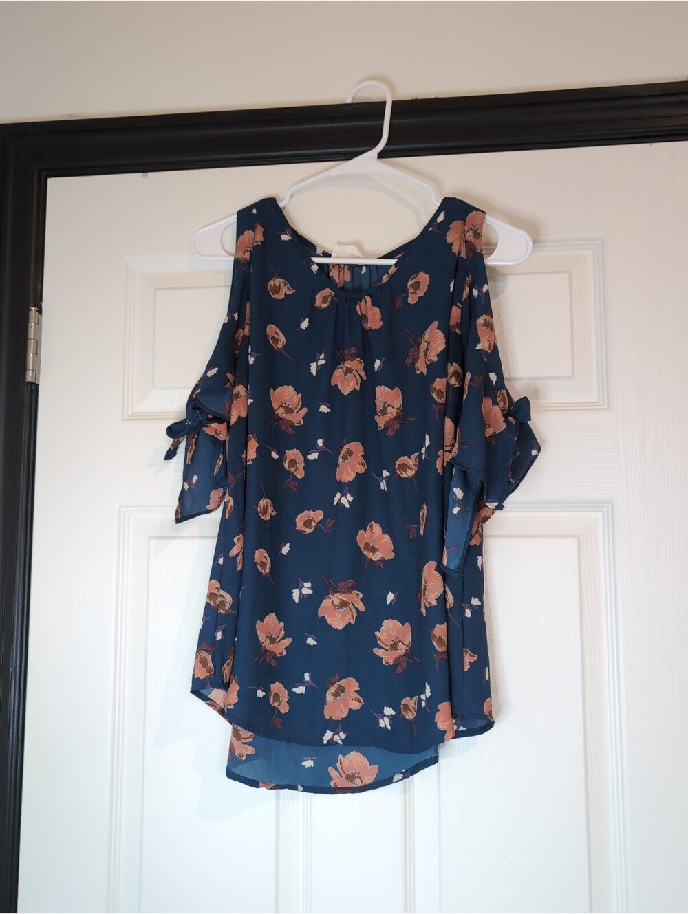Large blue floral cold shoulder top